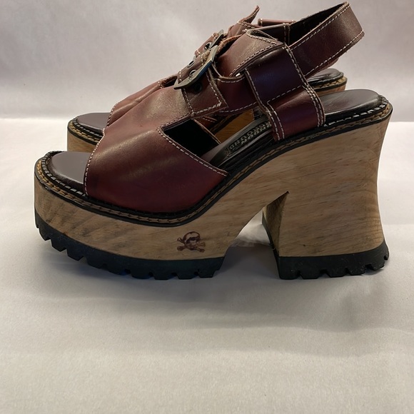 Sold-London Underground Chunky Wood Heel Platform Brown Leather Sandals Vintage - Picture 4 of 14